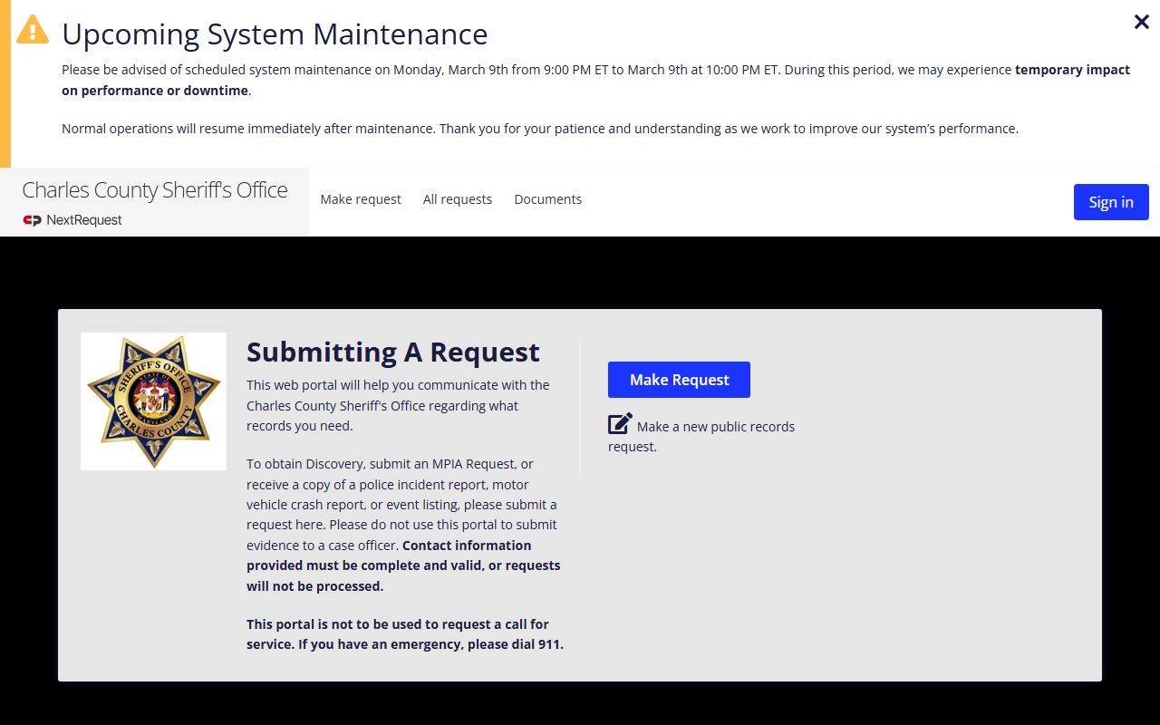 Charles County NextRequest portal for booking records and recent bookings requests
