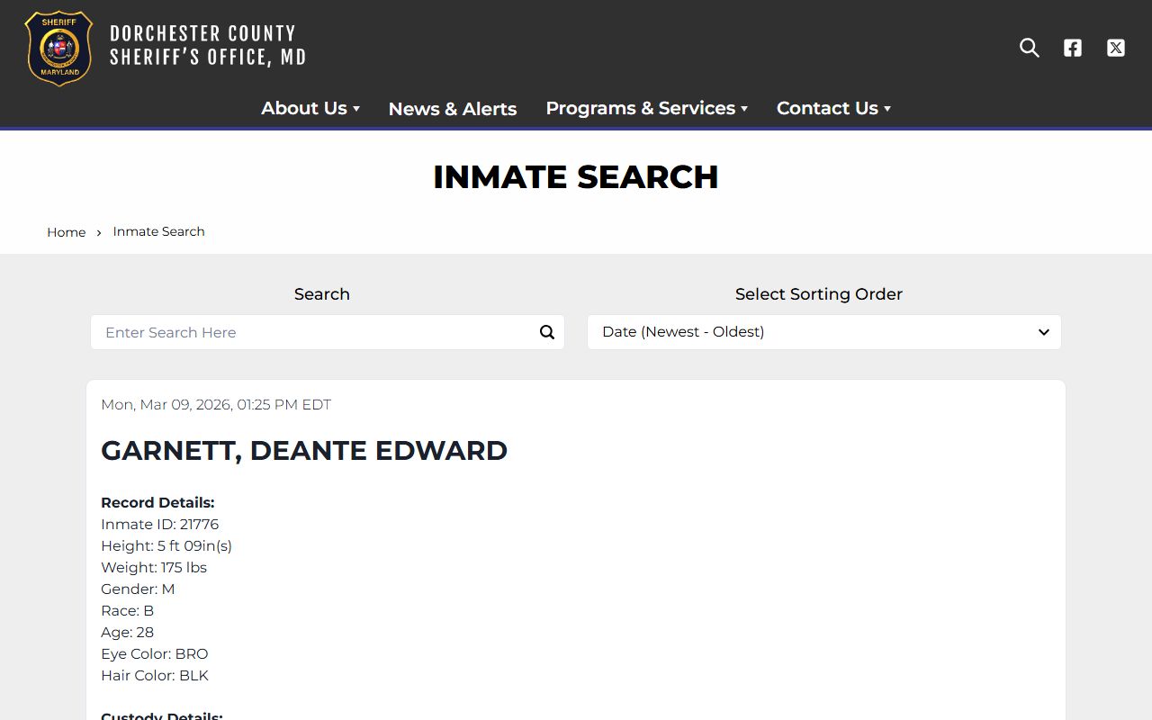 Dorchester County inmate search tool for looking up recent bookings