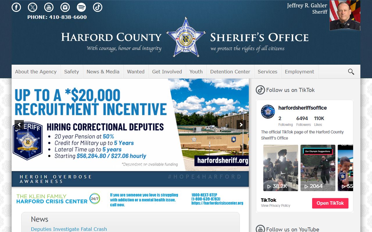 Harford County Sheriff website for recent bookings search