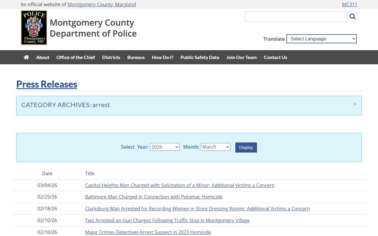 Montgomery County Police arrests press page for recent bookings news