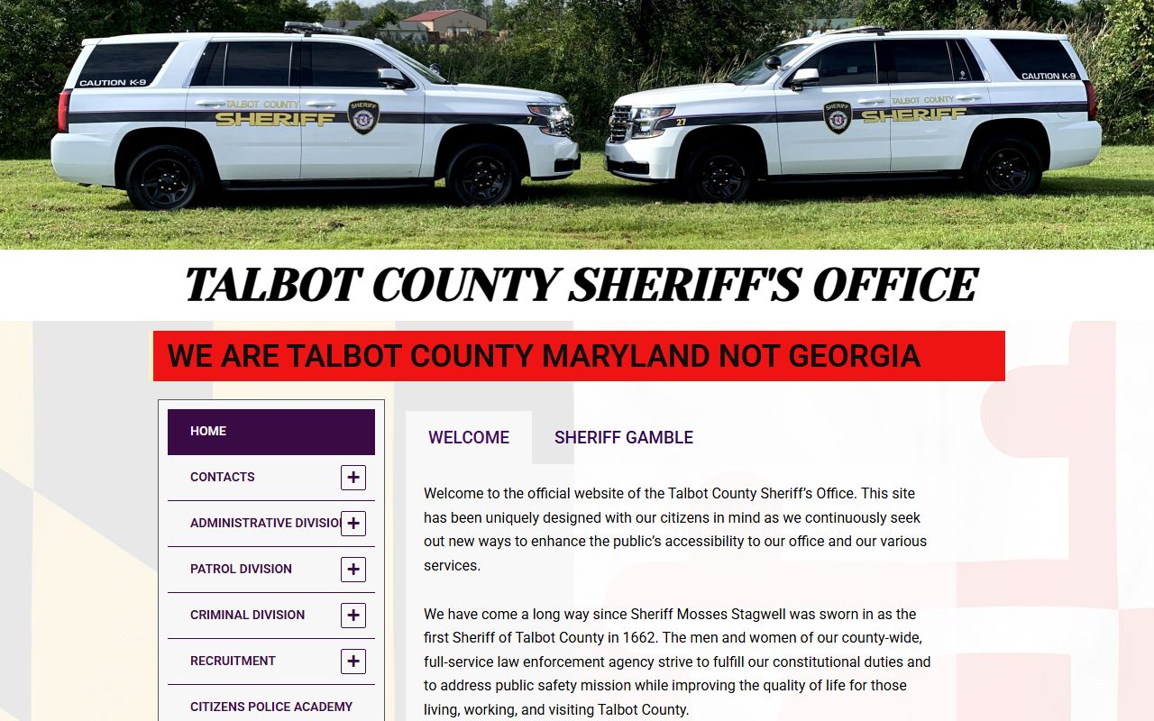 Talbot County Sheriff website with links to recent bookings and records