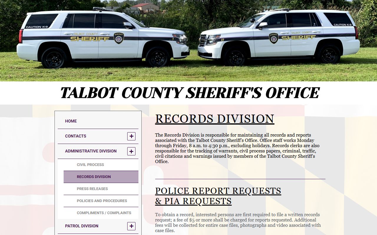 Talbot County Records Division page for requesting copies of recent bookings