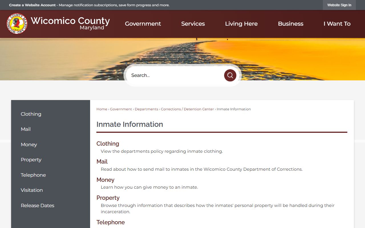 Wicomico County inmate information page for searching recent bookings