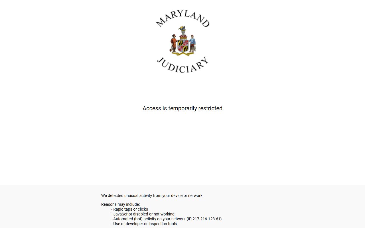 Maryland Judiciary Case Search portal for looking up recent bookings
